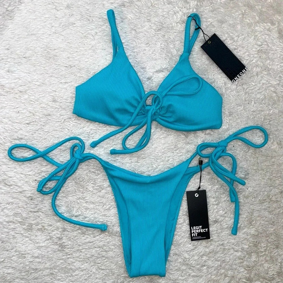 NWT OneOne Swimwear Bikini SET Cyan Blue Maggie Ariel Cheeky Medium Small NEW - Picture 1 of 5